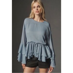 Anthropologie Blue Long Sleeve Tiered Ruffle Tunic Blouse; Size L